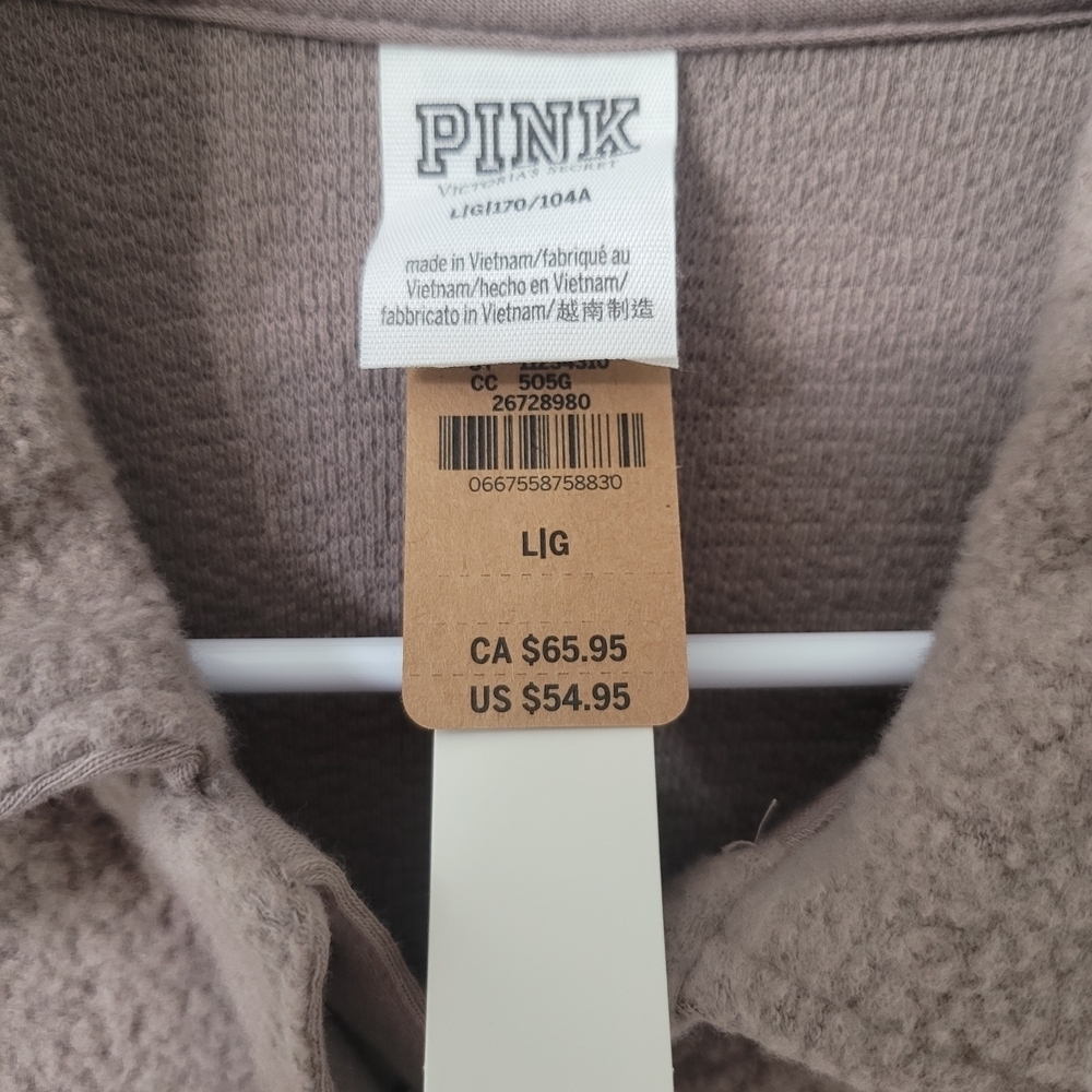Victorias Secret PINK Fleece Varsity Cropped Sweatshirt Sz L Brown Sherpa Henley - Picture 9 of 9